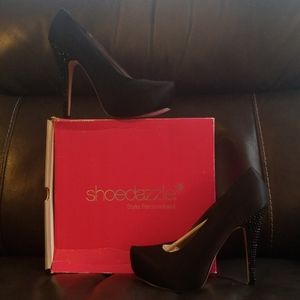 Platform pumps with bejeweled heels